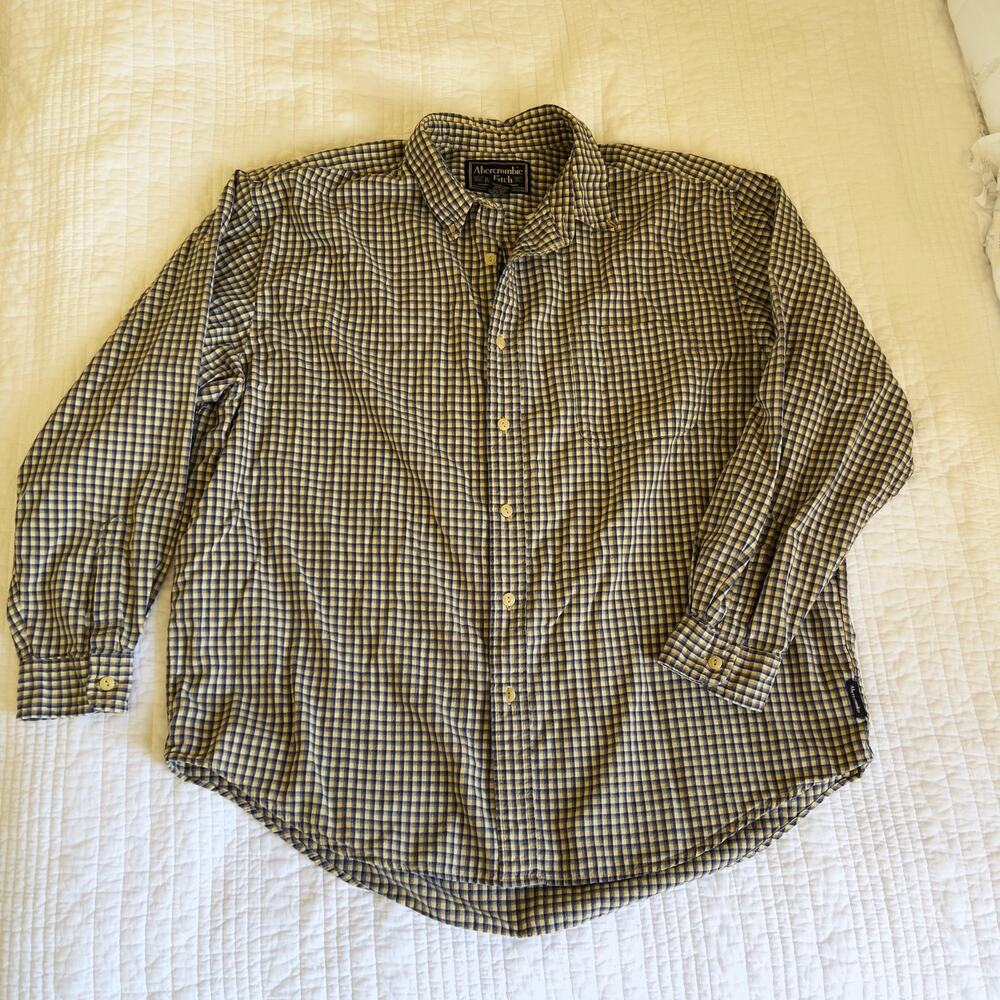 Vintage Abercrombie & Fitch Blue Yellow Plaid Button Up Shirt Men's Large